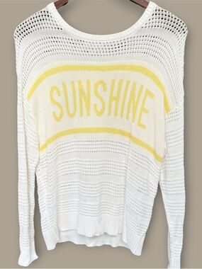 Rio & Rian White Open Knit "SUNSHINE" Graphic Pullover Sweater - Yellow/Ivory